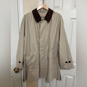 London Fog Men's Tan Trench Coat with Dark Brown Collar